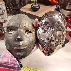 PAIR Vintage Solid Brass Decorative Mask, Made in India, Two-Toned Brass Mask.
